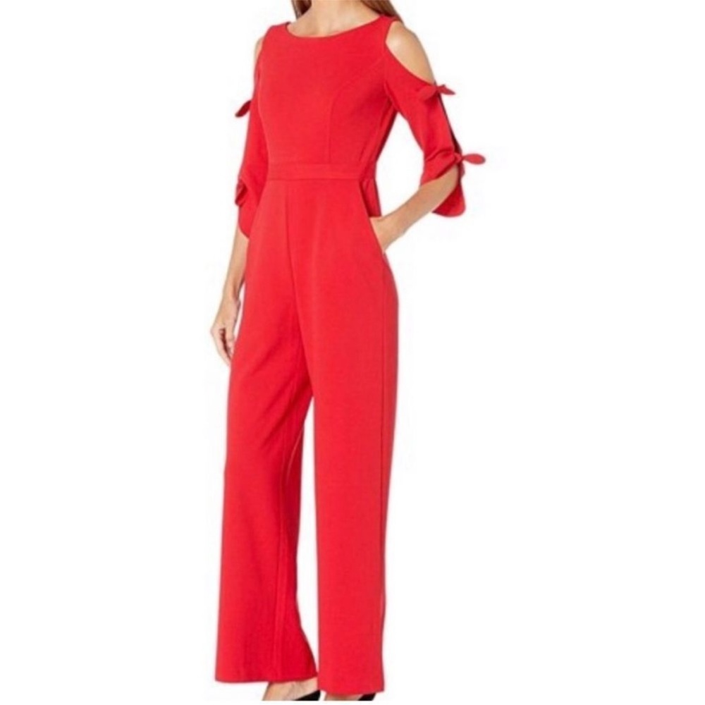 Donna Morgan Tie Sleeve Cold Shoulder Red Crepe Jumpsuit